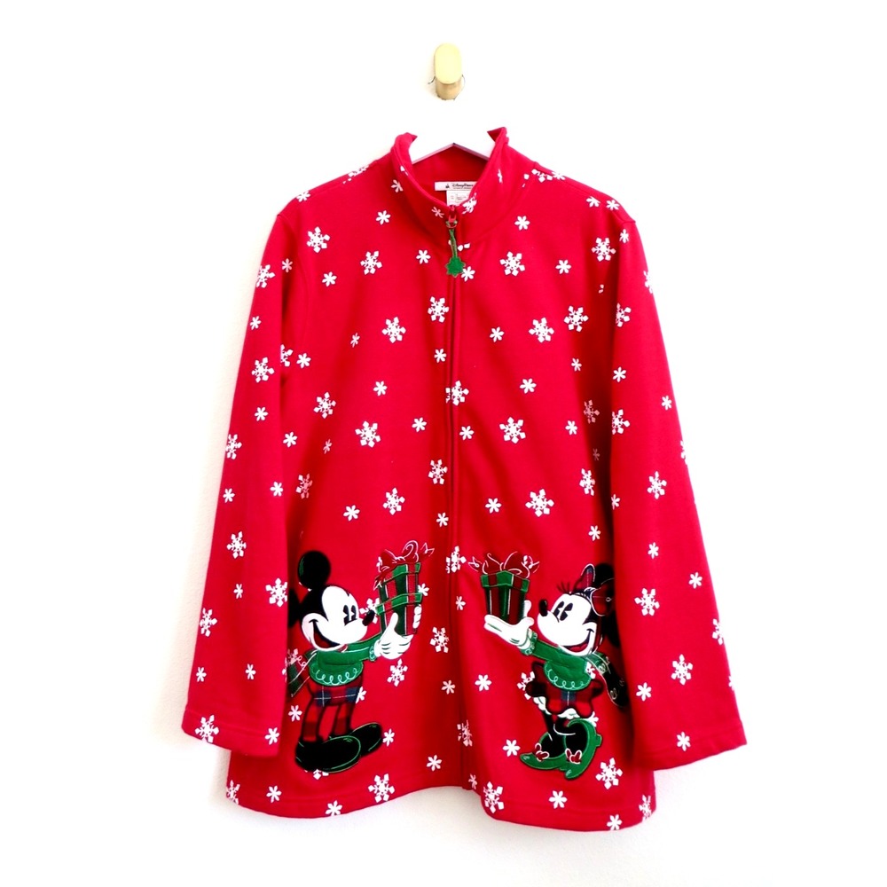NEW! Disney Parks Christmas Mickey & Minnie Full Zip Sweater Jacket Red SZ 1X